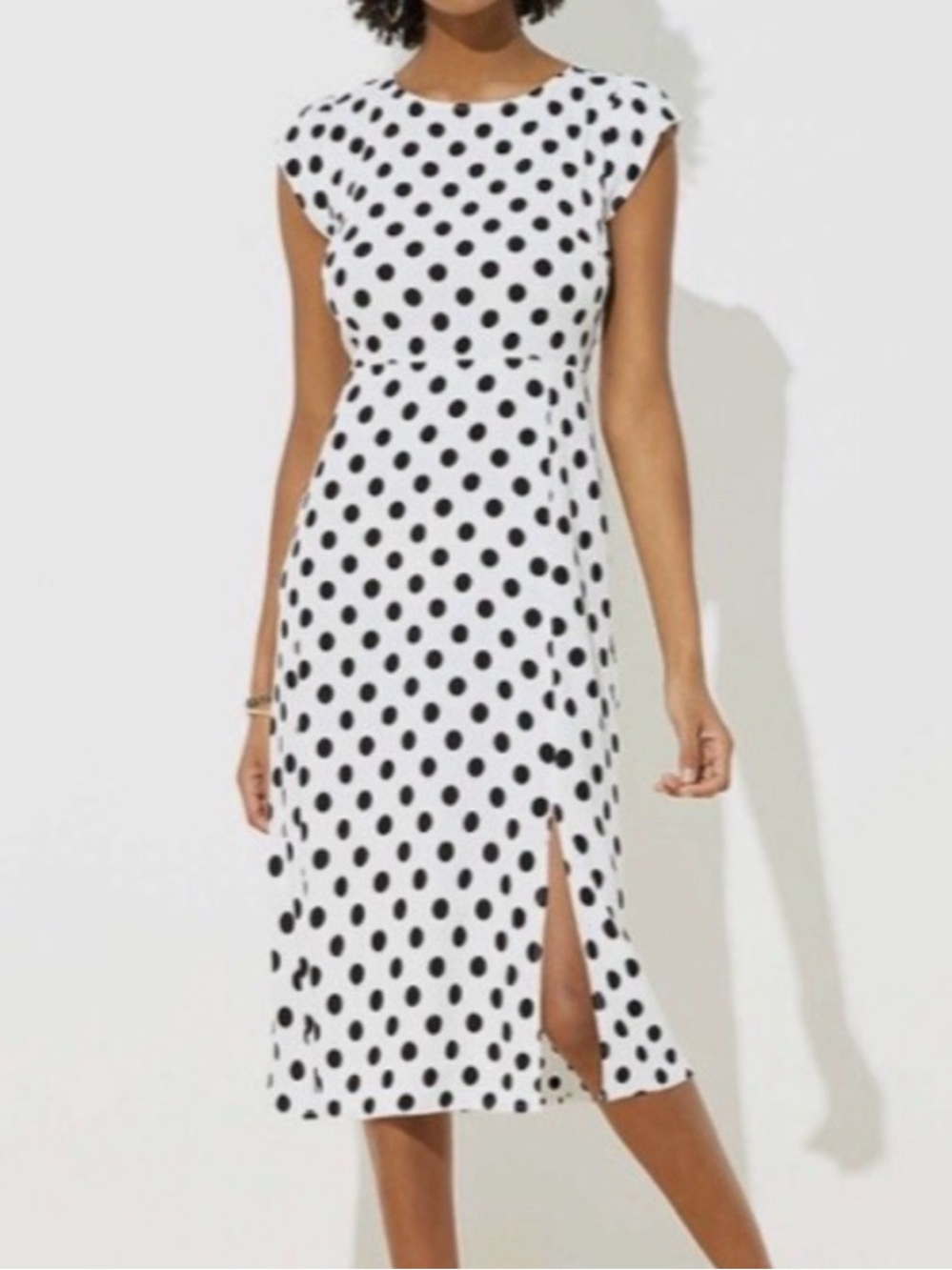 LOFT White Midi Dress with Black Polka Dots